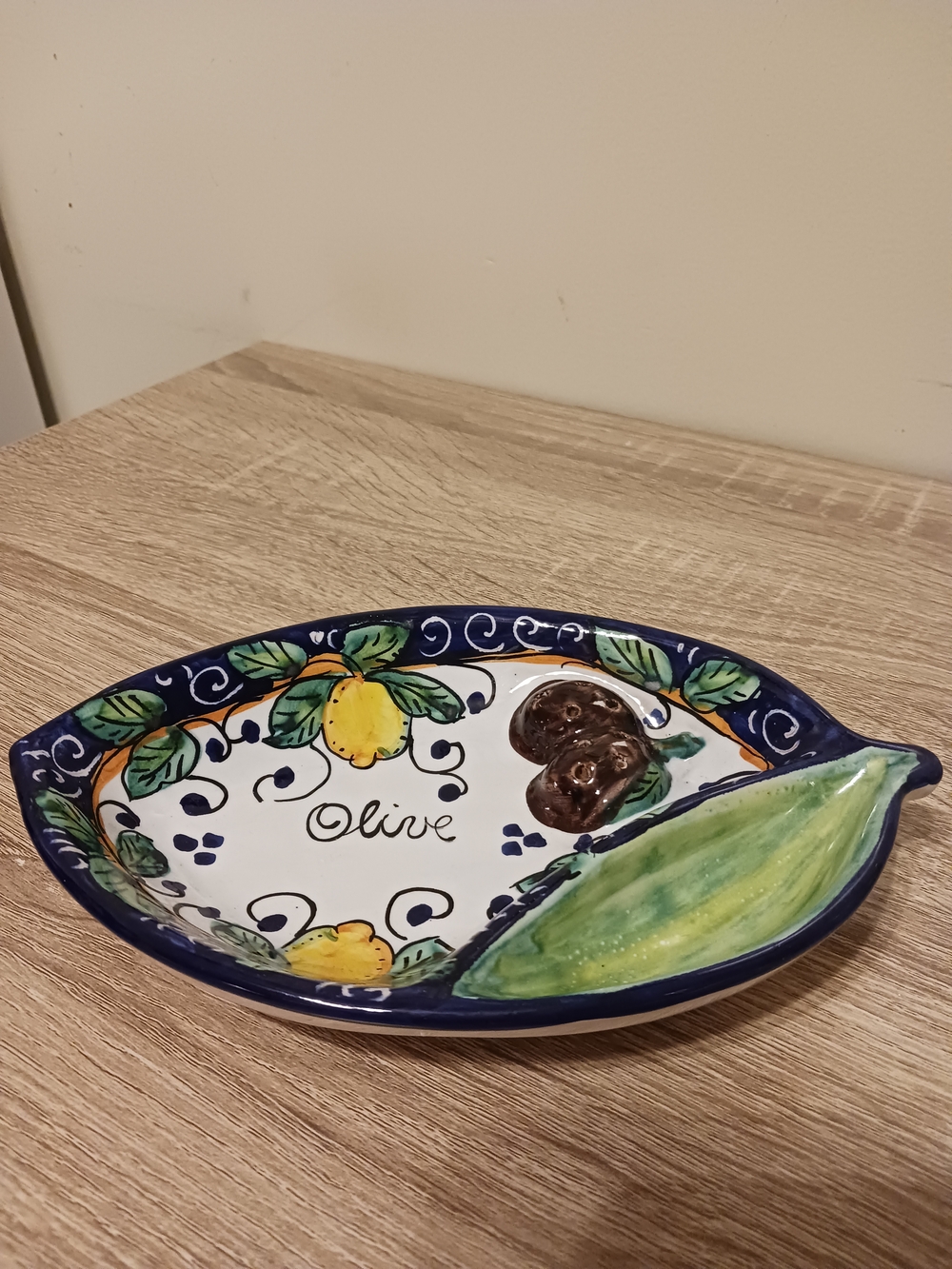 Hand-Painted Olive Dish in Blue, Yellow & Green